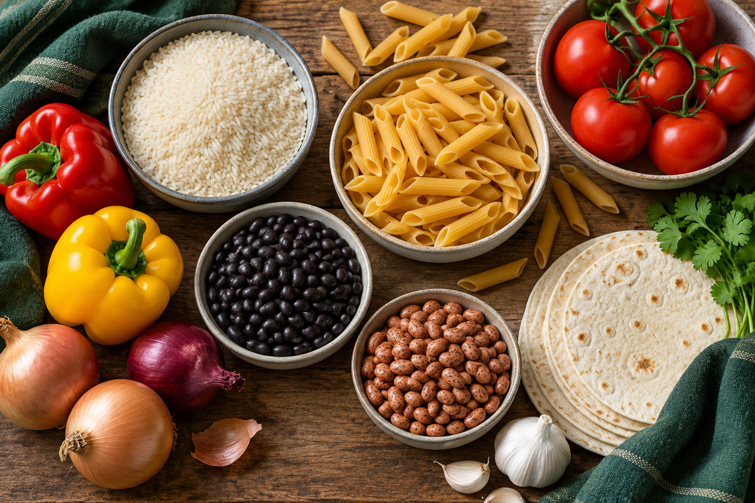 Everyday ingredients for simple rice bowls and pasta.